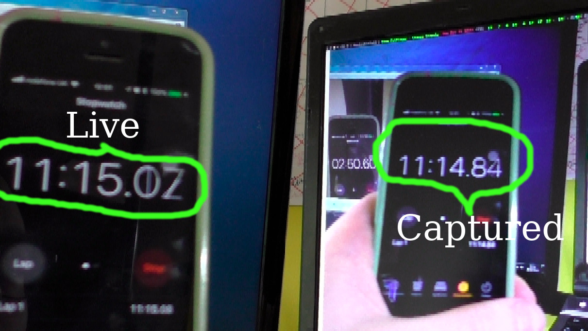 image of phone stop watch app and the captured feed. Showing Linux latency is around 200ms